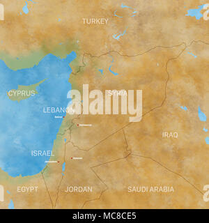 Mappa di Siria e frontiere fisiche mappa del Medio Oriente, Penisola Araba, i rilievi e le montagne e il Mare Mediterraneo. Mappa su pergamena. Disegnata a mano Foto Stock