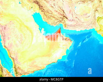 Emirati Arabi Uniti evidenziata in rosso sul pianeta Terra. 3D'illustrazione. Gli elementi di questa immagine fornita dalla NASA. Foto Stock