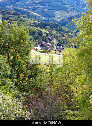 Una vista in alzata, in tarda estate, dell'albero frondoso paesaggio coperto vicino a Kaysersberg in Alsazia, Francia. Foto Stock