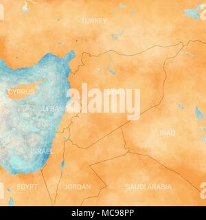 Mappa di Siria e frontiere fisiche mappa del Medio Oriente, Penisola Araba, i rilievi e le montagne e il Mare Mediterraneo. Mappa su pergamena. Disegnata a mano Foto Stock