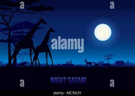 Illustrazione Vettoriale di paesaggio africano con la fauna selvatica in scena notturna, la luna piena e il cielo di notte. Tema di Safari Foto Stock