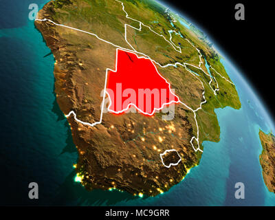 La mattina presto vista del Botswana evidenziata in rosso sul pianeta Terra con visibili le linee di confine e luci della citta'. 3D'illustrazione. Gli elementi di questa immagine f Foto Stock