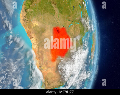 Vista dallo spazio del Botswana evidenziata in rosso sul pianeta Terra con atmosfera. 3D'illustrazione. Gli elementi di questa immagine fornita dalla NASA. Foto Stock