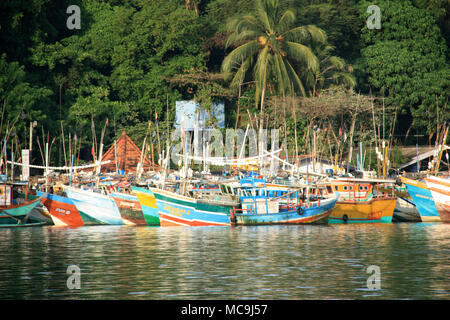 La mattina presto nel porto di Mirissa, Sri Lanka: dopo i pescatori hanno off-caricato le loro navi per la pesca a strascico, hanno il loro ancoraggio nel porto fino al giorno successivo Foto Stock