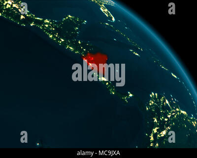 Vista orbita del Nicaragua di notte evidenziata in rosso sul pianeta Terra con altamente dettagliate texture di superficie. 3D'illustrazione. Gli elementi di questa immagine fur Foto Stock
