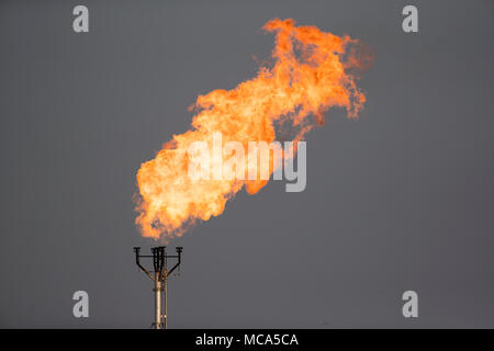 Un tubo di gas sfiati gas non necessari da un campo petrolifero in Eagle Ford shale giocare in McMullin County, a sud di San Antonio, Texas. Foto Stock