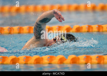 Bergen, Norvegia 14 aprile 2018 Sarah Köhler di Germania al 800m womens finale del Sabato a Bergen nuotare Festival, inviare un solido 8:20.53. Credito: Kjell Eirik Irgens Henanger/Alamy Live News Foto Stock