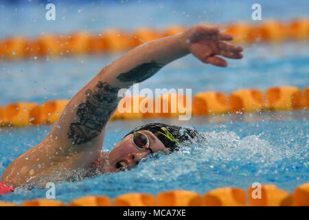 Bergen, Norvegia 14 aprile 2018 Sarah Köhler di Germania al 800m womens finale del Sabato a Bergen nuotare Festival, inviare un solido 8:20.53. Credito: Kjell Eirik Irgens Henanger/Alamy Live News Foto Stock