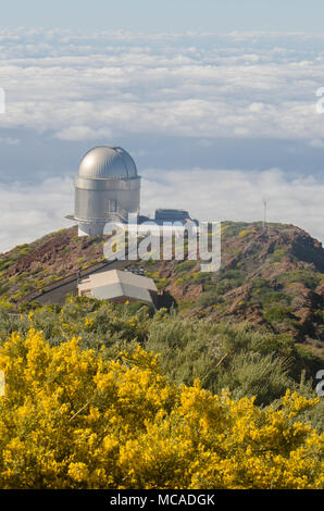 Nordic optical telescope, Osservatorio di Roque de los Muchachos a La Palma, Canarie, in primavera con il blu del cielo. Foto Stock
