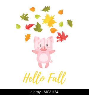 Vettore stile fumetto illustrazione del maiale carino tossing autunno foglie colorate nell'aria. Ciao rientrano il testo. Illustrazione Vettoriale