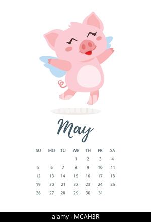 Vettore stile fumetto illustrazione di maggio 2019 anno calendario pagina con cute di maiale rosa con ali battenti. Modello per la stampa. Illustrazione Vettoriale