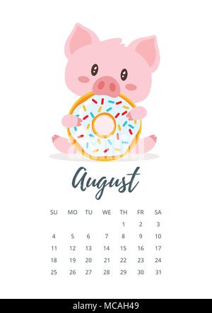 Vettore stile fumetto illustrazione di agosto 2019 anno calendario pagina con graziosi maiale dentellare di mangiare una gustosa ciambella. Modello per la stampa. Illustrazione Vettoriale