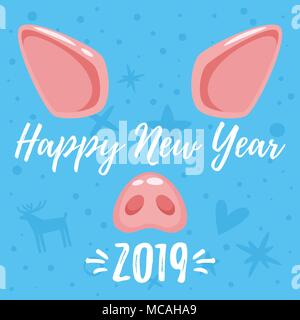 Vettore stile cartoon 2019 Capodanno e Natale greeting card design con cute animale suino volto: orecchie e naso rosa. Isolato su sfondo blu e h Illustrazione Vettoriale