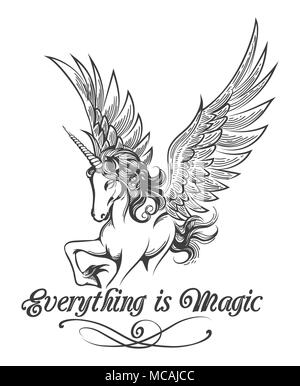 Flying Unicorn e formulazione di tutto ciò che è magico disegnato in stile tatuaggio isolato su bianco. Illustrazione Vettoriale Illustrazione Vettoriale