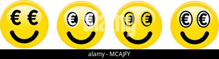 Euro emoticon. Giallo 3d gli Emoji di bianco e nero con simboli di euro al posto degli occhi. Illustrazione Vettoriale