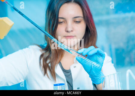 Giovani femmine tech / carichi scienziato campione liquido nella provetta con pipetta automatica. Foto Stock