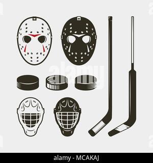 Serie di hockey e di apparecchiature di marcia. il casco, maschera e puck. illustrazione vettoriale Illustrazione Vettoriale