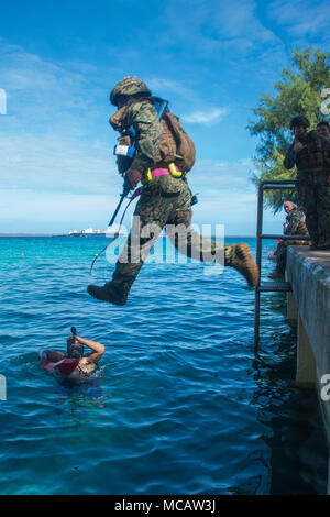 Master-at-Arms 1a classe Tho Doan, assegnato a Costiera gruppo fluviale 1 (CRG-1), det. Guam, entra in acqua durante la fiducia di acqua e la sopravvivenza di formazione presso la base navale di Guam, Febbraio 2, 2018. Questo trimestrale disponibilità di formazione, detenute dalla CRG1 formazione e unità di valutazione, San Diego, consente la CRG-1 Det. Guam per fornire 360 grado punto difesa in corso e in-port a bordo designato delle risorse di elevato valore. CRG-1 Det. Guam è assegnato al comandante, Task Force 75, il primario expeditionary task force responsabile per la pianificazione e la realizzazione di zone costiere operazioni fluviali, l'eliminazione degli ordigni esplosivi, div Foto Stock