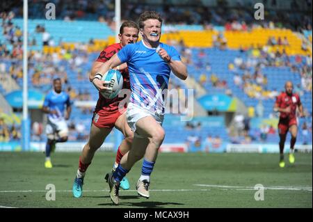 Queensland, Australia . Il 15 aprile, 2018. George Horne (SCO). Rugby 7s. XXI Giochi del Commonwealth. Robina Stadium. Costa d'Oro 2018. Queensland. Australia. 15/04/2018. Credito: Sport In immagini/Alamy Live News Credito: Sport In immagini/Alamy Live News Foto Stock