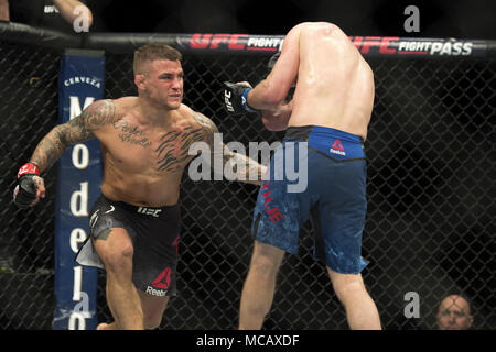 Phoenix, Arizona, Stati Uniti. Xiv Apr, 2018. DUSTIN POIRIER, sinistra, getta un gancio contro JUSTIN GAETHJE Sabato, 14 aprile 2018, durante UFC Fight Night: Poirier vs Gaethje a Gila River Arena in Phoenix, Arizona. DUSTIN POIRIER ha vinto da TKO nel quarto round. Credito: Jeff Brown/ZUMA filo/Alamy Live News Foto Stock