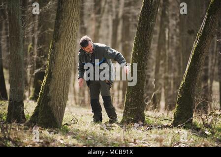 03 aprile 2018, Germania, Werneck: Ralf Petercord, capo della protezione della foresta dipartimento di Stato Bavarese Istituto di selvicoltura, ispeziona un albero di quercia per Gypsy Moth uova. Quest'anno, alberi di quercia in parti dello stato tedesco della Baviera si trovano di fronte a un pericolo acuto da gypsy falene. Foto: Nicolas Armer/dpa Foto Stock