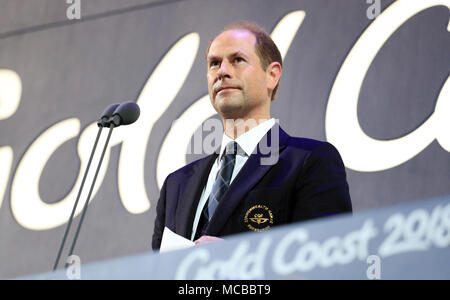 Prince Edward, Earl del Wessex parla durante la cerimonia di chiusura per il 2018 Giochi del Commonwealth a Carrara Stadium in Gold Coast, Australia. Foto Stock