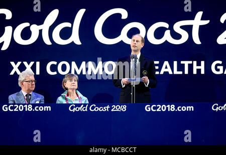 Prince Edward, Earl del Wessex parla durante la cerimonia di chiusura per il 2018 Giochi del Commonwealth a Carrara Stadium in Gold Coast, Australia. Foto Stock