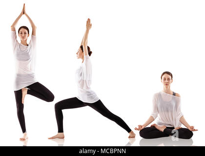 Collage di bella giovane donna pratica dello yoga. Isolato su sfondo bianco Foto Stock
