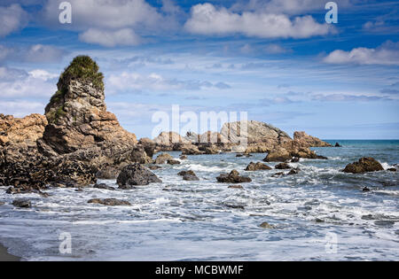 Le pile e le rocce sulla costa ovest dell'aspra regione del South Island, in Nuova Zelanda. Foto Stock