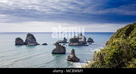 Le pile e le rocce lungo la costa Occidentale Regione del South Island, in Nuova Zelanda. Foto Stock