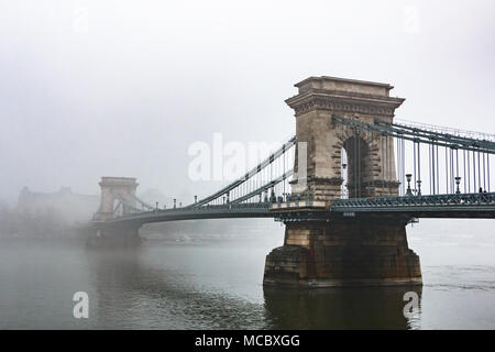Il Ponte delle catene a Budapest in una nebbiosa giornata invernale Foto Stock