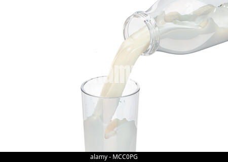 Versare il latte fresco in un bicchiere, rendering 3D isolati su sfondo bianco Foto Stock