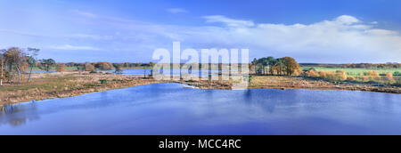 Panorama delle paludi basse tranquillo con le nubi riflessi nell'acqua, Turnhout, Belgio Foto Stock