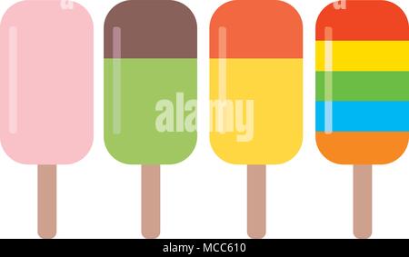 Quattro diversi colorato gustosi gelati con stecco, illustrazione isolato su bianco Illustrazione Vettoriale