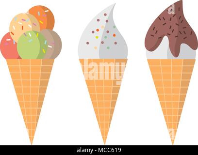 Tre diversi colorati cialda gustosa coni di gelato e soft ice con la menta, fragola, limone e cioccolato con condimenti, illustrazione isolati su Illustrazione Vettoriale