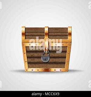 Apertura realistica treasure box in legno e oro Illustrazione Vettoriale