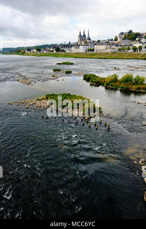 Blois, una collina città sul fiume Loira, è la capitale del Loir-et-Cher dipartimento in Francia centrale. Il tardo-gotico di Blois torri della cattedrale uovere Foto Stock