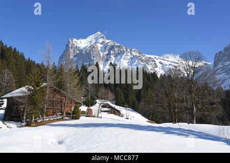 Rifugio alpino a Grindelwald, Svizzera e Wetterhorn in background Foto Stock