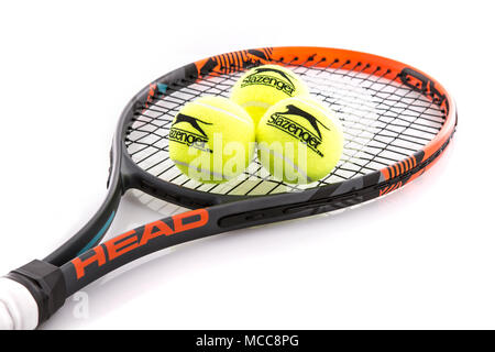 SWINDON, UK - APRIL 15, 2018: Head Tennis Racket and Slazenger Ball on a white background Foto Stock