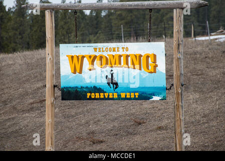 Il Wyoming. Stato segno di benvenuto. Foto Stock