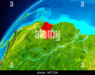 Vista orbita della Guyana evidenziata in rosso sul pianeta Terra. 3D'illustrazione. Gli elementi di questa immagine fornita dalla NASA. Foto Stock