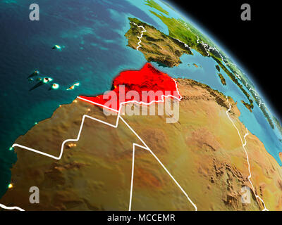 La mattina presto vista del Marocco evidenziata in rosso sul pianeta Terra con visibili le linee di confine e luci della citta'. 3D'illustrazione. Gli elementi di questa immagine fu Foto Stock