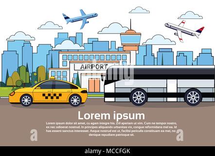 Il traffico su strada con Autobus e Taxi Auto Aeroporto su edifici e per gli aerei in cielo Illustrazione Vettoriale