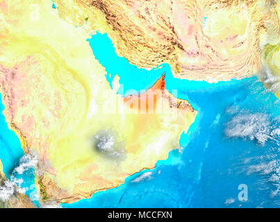 Emirati Arabi Uniti evidenziata in rosso sul pianeta Terra. 3D'illustrazione. Gli elementi di questa immagine fornita dalla NASA. Foto Stock