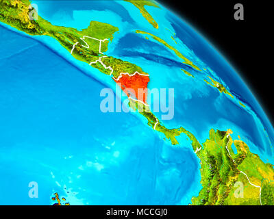 Spazio vista orbita del Nicaragua evidenziata in rosso sul pianeta Terra con confini visibili. 3D'illustrazione. Gli elementi di questa immagine fornita dalla NASA. Foto Stock