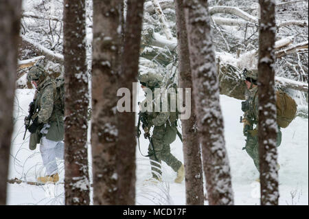 I soldati assegnati a società di caricabatterie, 1° Battaglione, quinto reggimento di fanteria, 1° Stryker Brigade Combat Team, XXV divisione di fanteria, U.S. Esercito di Alaska, preparare un assalto nemico simulata la posizione durante il funzionamento conca a base comune Elmendorf-Richardson, Alaska, il 10 febbraio, 2018. Funzionamento Conca è stato un battaglione-livello, bracci combinato, live-esercizio di incendio che si è concentrato sulla letalità artico. Durante il funzionamento di tre 150-soldato aziende manovrato attraverso vari terreni; attaccando e cogliendo le posizioni nemiche nonché eliminando le principali armi e veicoli essendo utilizzati dal nemico. (U.S. Aria Foto Stock