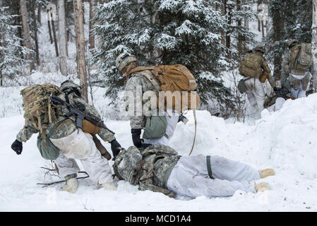 I soldati assegnati a società di caricabatterie, 1° Battaglione, quinto reggimento di fanteria, 1° Stryker Brigade Combat Team, XXV divisione di fanteria, U.S. Esercito di Alaska, evacuare vittime simulato dopo assaltando un obiettivo durante il funzionamento conca a base comune Elmendorf-Richardson, Alaska, il 10 febbraio, 2018. Funzionamento Conca è stato un battaglione-livello, bracci combinato, live-esercizio di incendio che si è concentrato sulla letalità artico. Durante il funzionamento di tre 150-soldato aziende manovrato attraverso vari terreni; attaccando e cogliendo le posizioni nemiche nonché eliminando le principali armi e veicoli utilizzata dalle Foto Stock