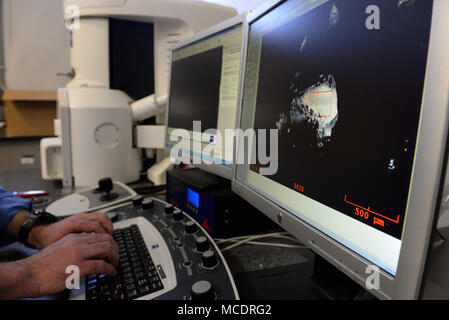 Robert bollette, combustibili aerospaziale Laboratorio chimico, esamina un'immagine raccolta da un microscopio elettronico a scansione in analisi investigative Lab di Wright-Patterson Air Force Base in Ohio, Feb 13, 2018. L'immagine aiuta a mettere insieme i pezzi di identità di sconosciuti materiali solidi per la sicurezza schede di indagine per dedurre le ragioni di un incidente aereo. (U.S. Air Force foto di Michelle Gigante) Foto Stock