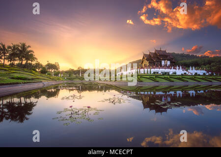 Royal Ratchaphruek Flora Park e il pavilion durante il tramonto viola di Chiang Mai, Thailandia Foto Stock