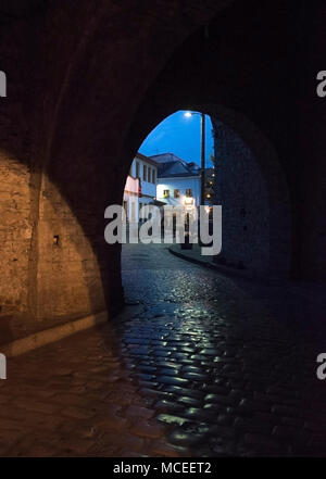 Ingresso ad arco con muri in pietra e la vecchia città di Ioannina di notte, Grecia Foto Stock